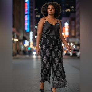 Susan Graver Pull On Slacks Size 1XP Plus Black Gray Paisley Stretch